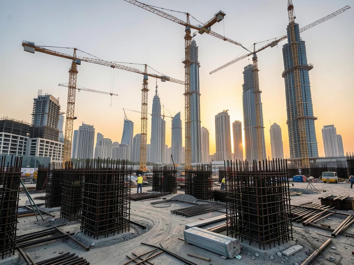 Construction site in the UAE with tower cranes and rebar cages